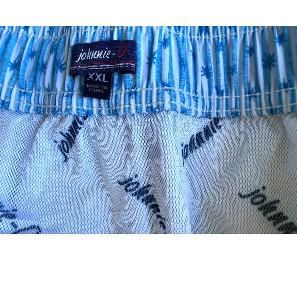 Johnnie-O Grenada Swim Trunks in Blue Stripe & Palm Print Size XXLarge
